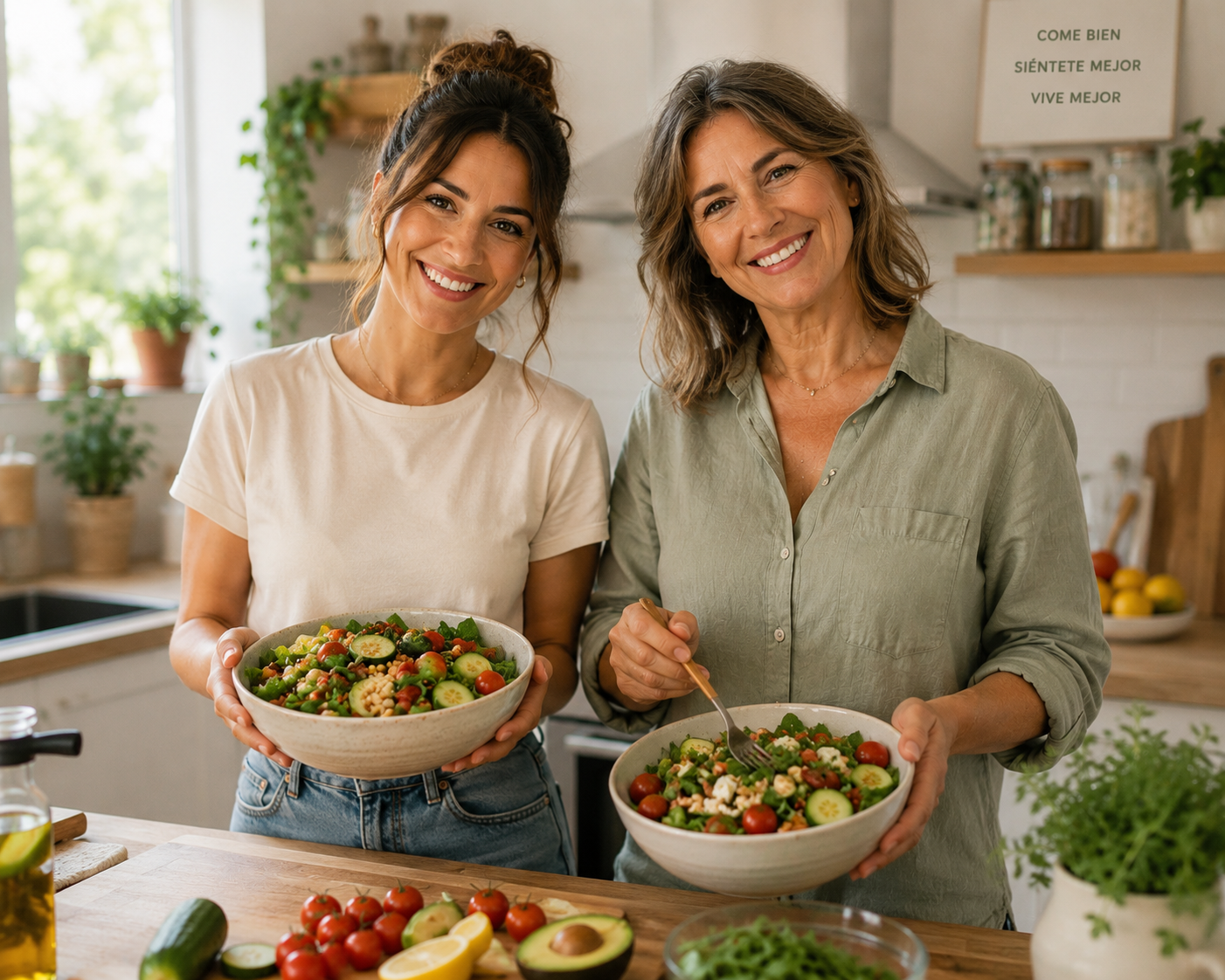Mujer disfrutando de comida saludable antiinflamatoria